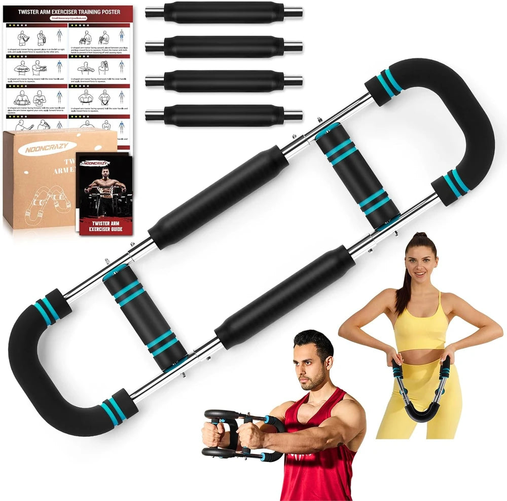 Entrenador de brazos y pecho ajustable con barras de resistencia, incluye caja y póster de instrucciones
